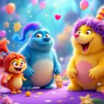 Colorful animated characters in a magical movie setting.