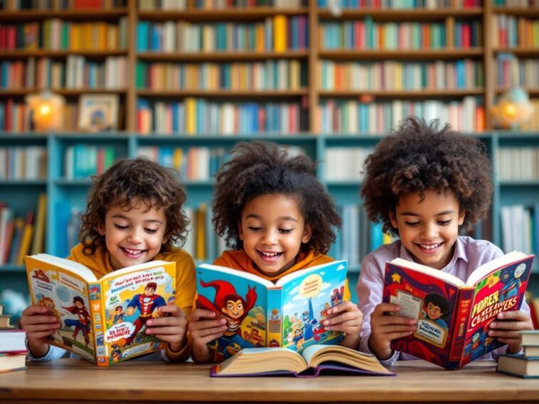 Bambini che leggono libri avventurosi in una biblioteca.