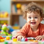 Bambino sorridente con giocattoli e libri colorati.