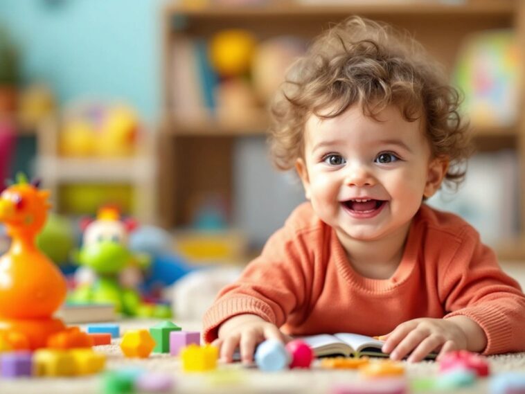 Bambino sorridente con giocattoli e libri colorati.