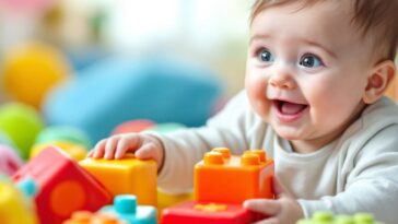 Bambino sorridente con giocattoli colorati a sei mesi.