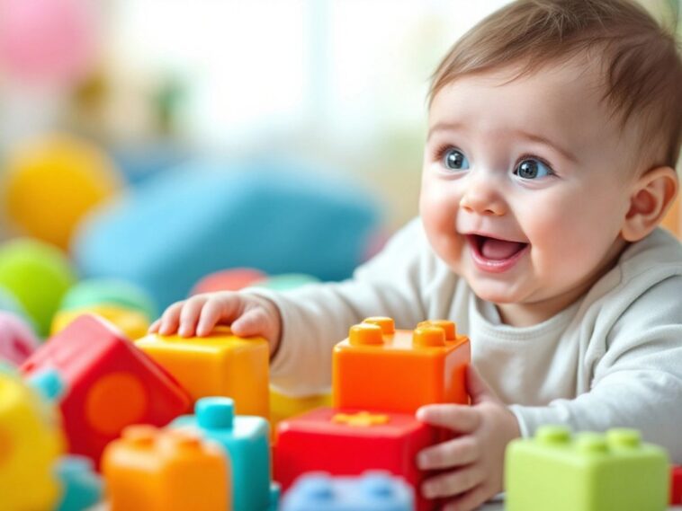 Bambino sorridente con giocattoli colorati a sei mesi.