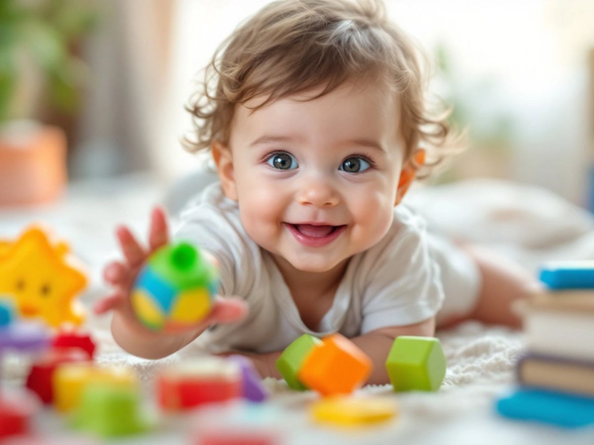 Bambino sorridente circondato da giocattoli colorati.