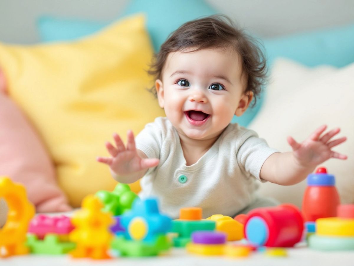 Un bambino felice con giocattoli colorati.